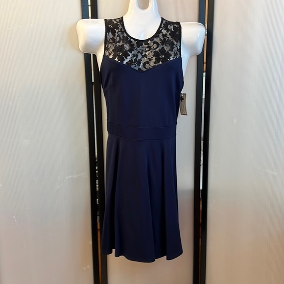 heloise Dresses & Skirts - Heloise Scuba Blue/Black Lace top Dress.  Size L.